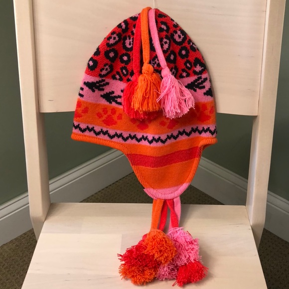 Rainforest Cafe Earflap Hat Knit Animal Paw Print Pink Orange Tassels One Size - Picture 1 of 9